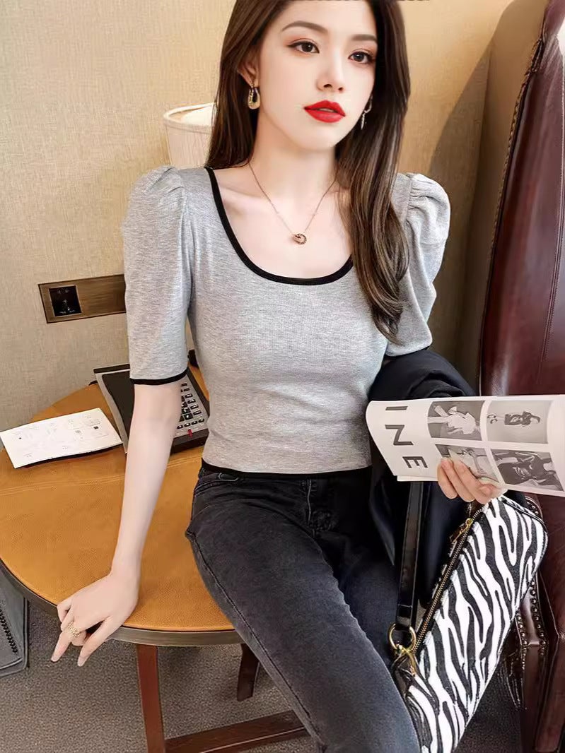 Contrast Color U-Collar Short-Sleeved T-Shirt Women'S 2024 Korean Style French Style Retro Puff Sleeve Short Top Trendy - Image 4