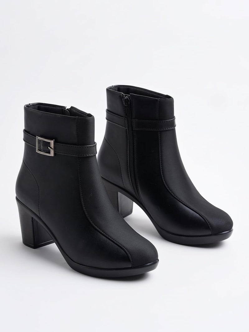 Shoetopia Women's Black Faux Leather Ankle Boots with Mid Heel and Buckle Strap – Side Zipper Comfort Booties for Fall & Winter EU36 - Image 4