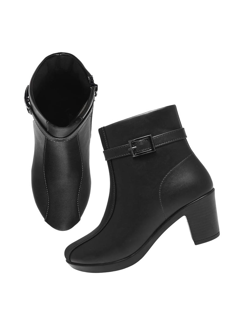 Shoetopia Women's Black Faux Leather Ankle Boots with Mid Heel and Buckle Strap – Side Zipper Comfort Booties for Fall & Winter EU36 - Image 5