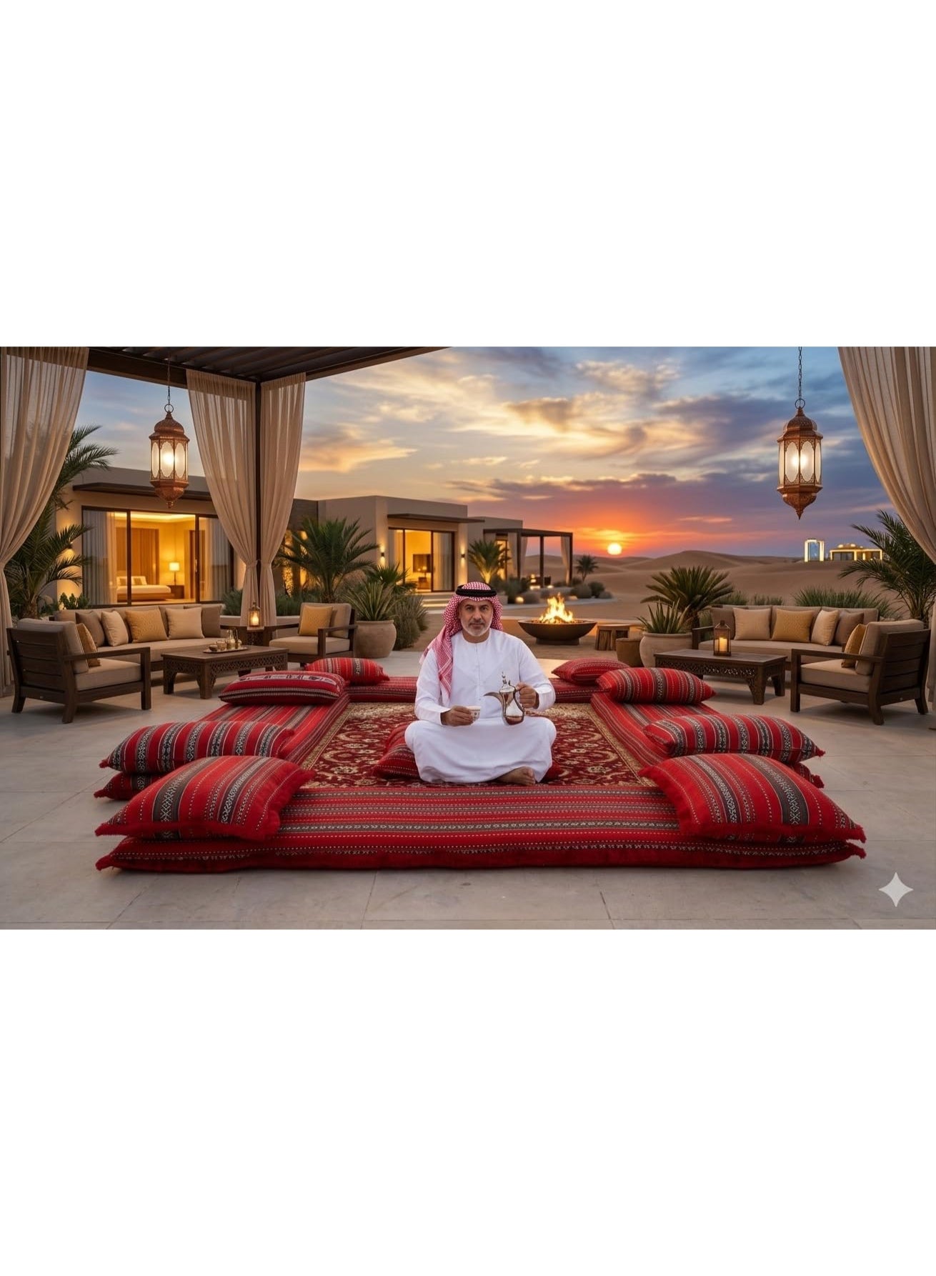 Arabic Majlis Floor Seating Set, Red Striped, Traditional Arabian Style, Indoor Outdoor Use