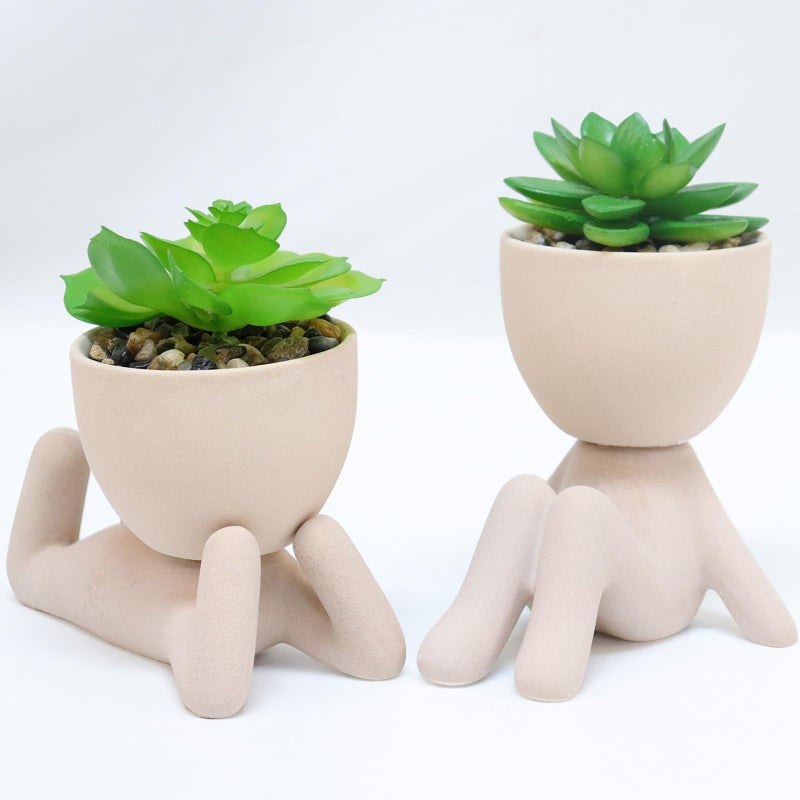 Zerzsy 2PCS Cute Artificial Succulent Plants with Creative Human Shaped Pots  Desk Decoration Artificial Plants Indoor for Home Office Decoration(Cream Color) - Image 1