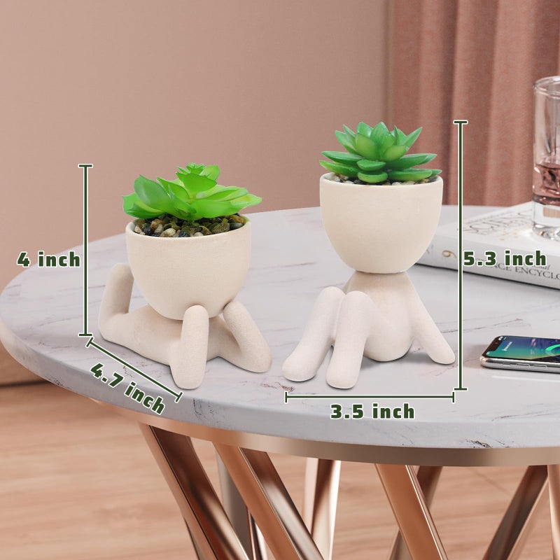 Zerzsy 2PCS Cute Artificial Succulent Plants with Creative Human Shaped Pots  Desk Decoration Artificial Plants Indoor for Home Office Decoration(Cream Color) - Image 3