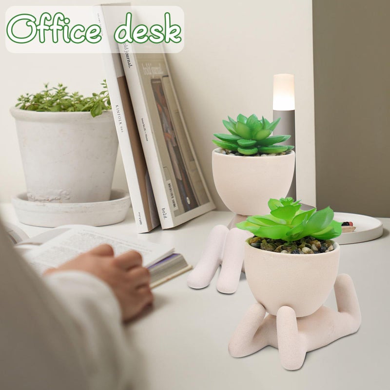 Zerzsy 2PCS Cute Artificial Succulent Plants with Creative Human Shaped Pots  Desk Decoration Artificial Plants Indoor for Home Office Decoration(Cream Color) - Image 2