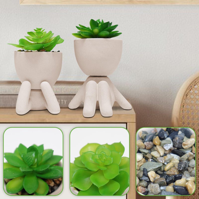 Zerzsy 2PCS Cute Artificial Succulent Plants with Creative Human Shaped Pots  Desk Decoration Artificial Plants Indoor for Home Office Decoration(Cream Color) - Image 5