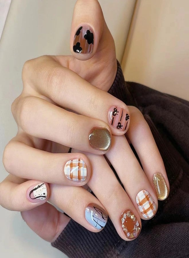 LIFOOST Handmade Nails Press On Short Hand Drawn Lattice Cat Eye Pattern Coffee Soft Gel Reusable Fake Nails Kit for Autumn Winter,Caramel Size Small - Image 4