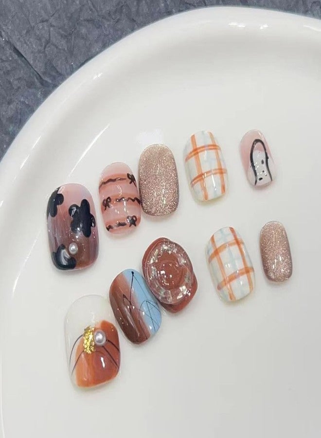LIFOOST Handmade Nails Press On Short Hand Drawn Lattice Cat Eye Pattern Coffee Soft Gel Reusable Fake Nails Kit for Autumn Winter,Caramel Size Small - Image 3