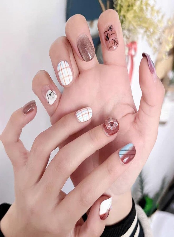 LIFOOST Handmade Nails Press On Short Hand Drawn Lattice Cat Eye Pattern Coffee Soft Gel Reusable Fake Nails Kit for Autumn Winter,Caramel Size Small - Image 5