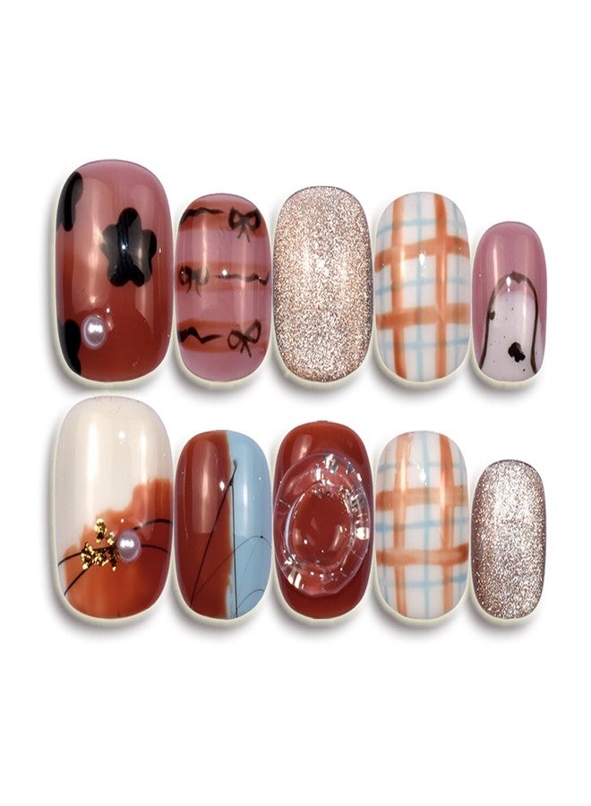 LIFOOST Handmade Nails Press On Short Hand Drawn Lattice Cat Eye Pattern Coffee Soft Gel Reusable Fake Nails Kit for Autumn Winter,Caramel Size Small - Image 1