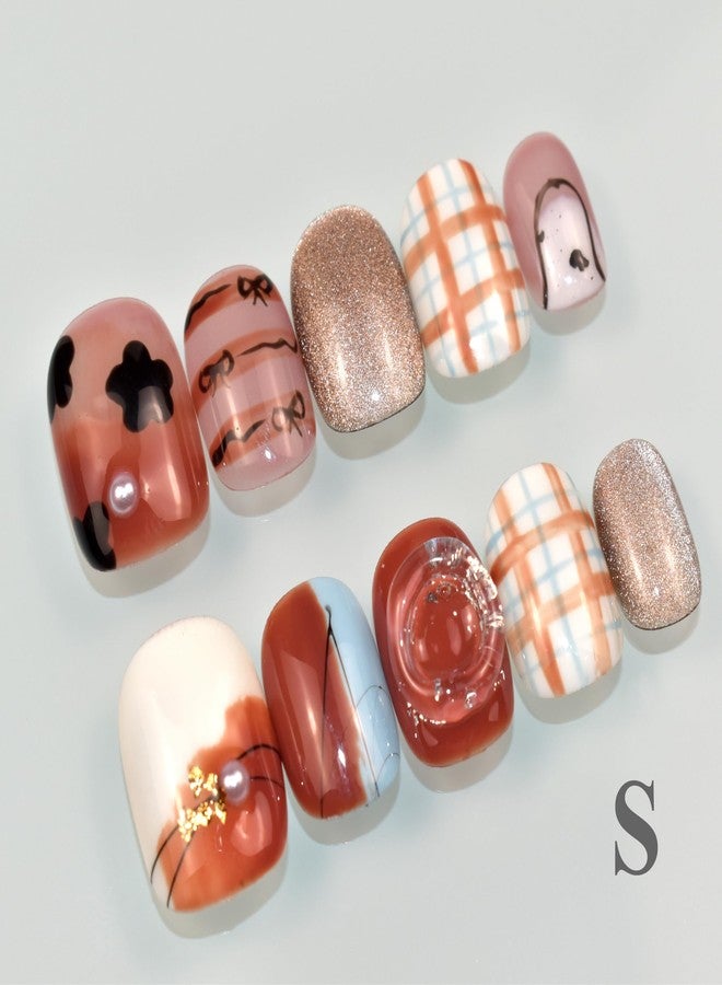 LIFOOST Handmade Nails Press On Short Hand Drawn Lattice Cat Eye Pattern Coffee Soft Gel Reusable Fake Nails Kit for Autumn Winter,Caramel Size Small - Image 2