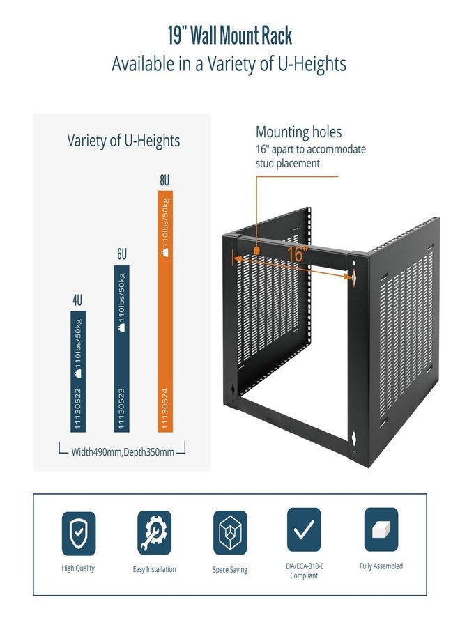 Tecmojo 8U Wall Mount Network Rack, Wall Mount Patch Panel Bracket 14inch Depth, 8U Rack for 19in Network Switches/Data/IT Equipment, 110lbs(50kg) Capacity - Image 5