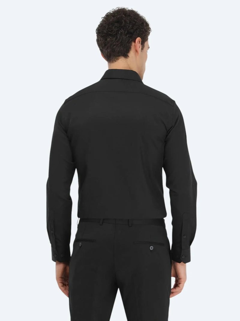 كيب قميص أسود سادة بقصة ضيقة من مزيج القطن الكلاسيكي - Image 4