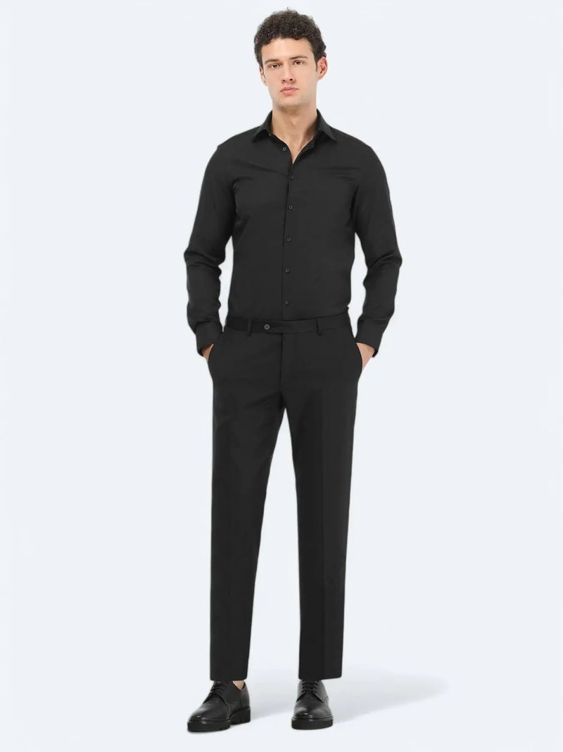 كيب قميص أسود سادة بقصة ضيقة من مزيج القطن الكلاسيكي - Image 2