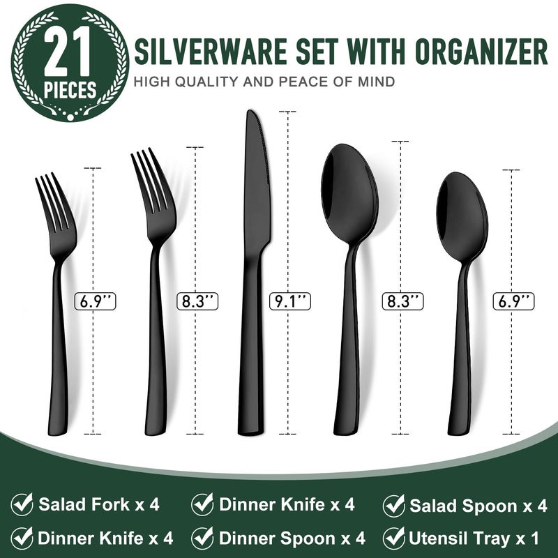 Ayiaren 21-Piece Modern Black Silverware Set with Organizer Tray Stainless Steel Eating Utensil Sets Kitchen Knives Forks and Spoons Cutlery Set Heavy Duty Tableware Flatware Sets for 4, Dishwasher Safe - Image 2