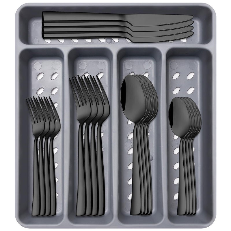 Ayiaren 21-Piece Modern Black Silverware Set with Organizer Tray Stainless Steel Eating Utensil Sets Kitchen Knives Forks and Spoons Cutlery Set Heavy Duty Tableware Flatware Sets for 4, Dishwasher Safe - Image 1