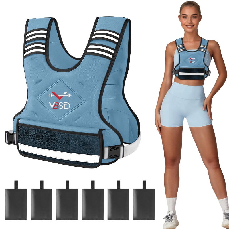 VBSD Adjustable Weighted Vest for Women Men 4-10LB Vest with 6 Ironsand Weights Body Weight Vest with Reflective Strip for Running Walking Strength Training Workouts Blue - Image 1