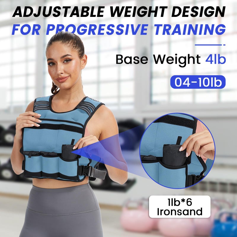VBSD Adjustable Weighted Vest for Women Men 4-10LB Vest with 6 Ironsand Weights Body Weight Vest with Reflective Strip for Running Walking Strength Training Workouts Blue - Image 5