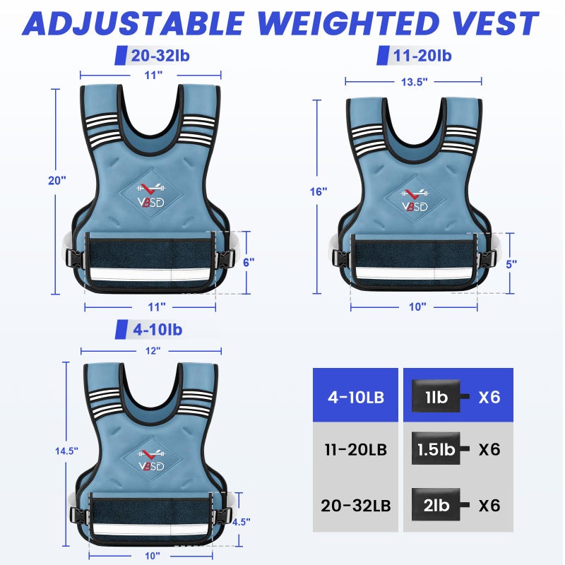VBSD Adjustable Weighted Vest for Women Men 4-10LB Vest with 6 Ironsand Weights Body Weight Vest with Reflective Strip for Running Walking Strength Training Workouts Blue - Image 4