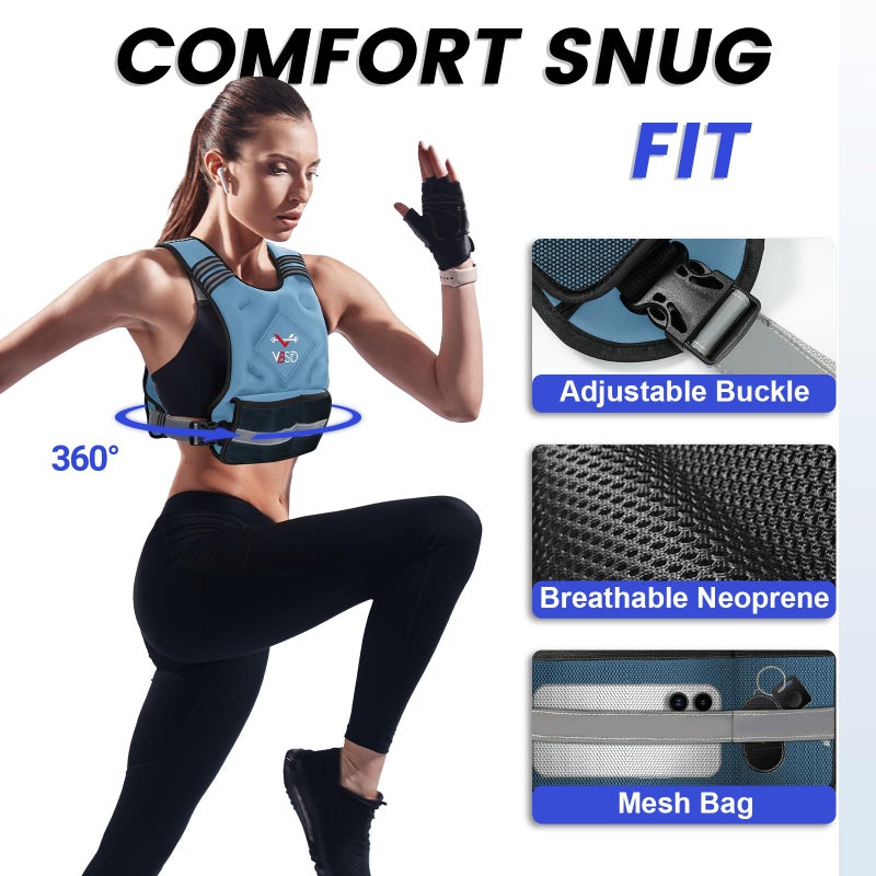 VBSD Adjustable Weighted Vest for Women Men 4-10LB Vest with 6 Ironsand Weights Body Weight Vest with Reflective Strip for Running Walking Strength Training Workouts Blue - Image 2