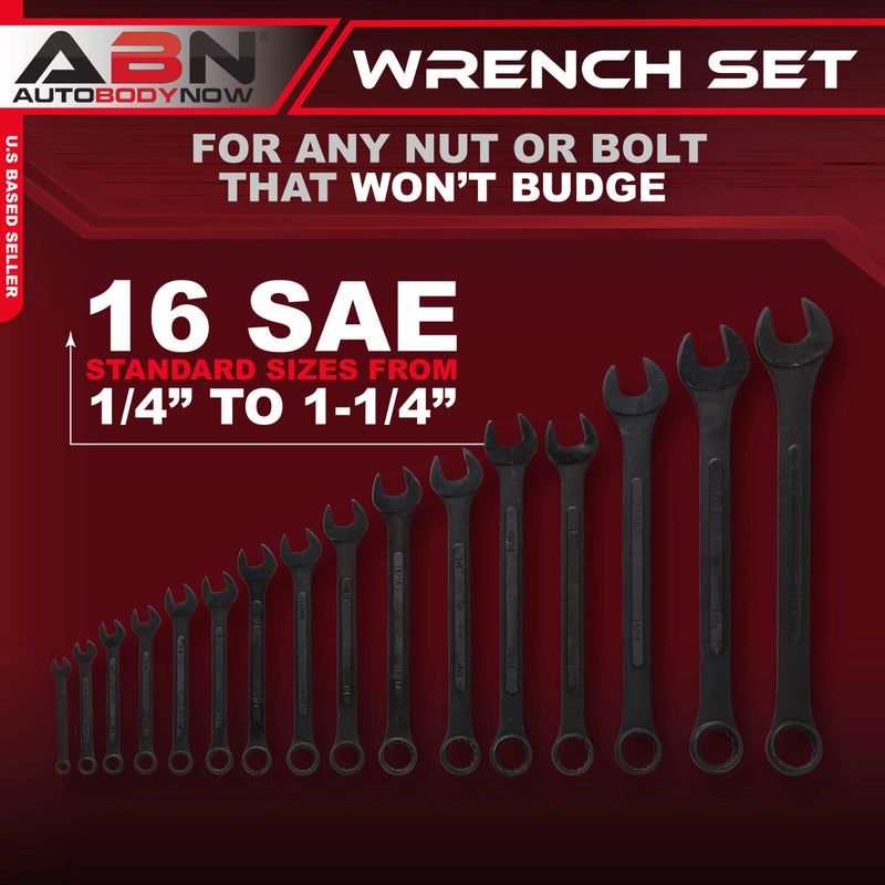 ABN Standard Wrenches Set - 16 Piece SAE Combination Wrench Set 1/4in to 1-1/4in SAE Wrench Set with Roll Up Pouch - Image 2