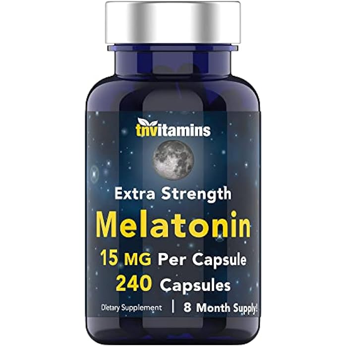 tnvitamins حبوب ميلاتونين من tnvitamins 15 ملغ لكل كبسولة (240 كبسولة) | حبوب نوم طبيعية بالكامل للبالغين | ميلاتونين بقوة إضافية | مساعد نوم ليلي | مكمل دعم النوم الطبيعي - Image 1