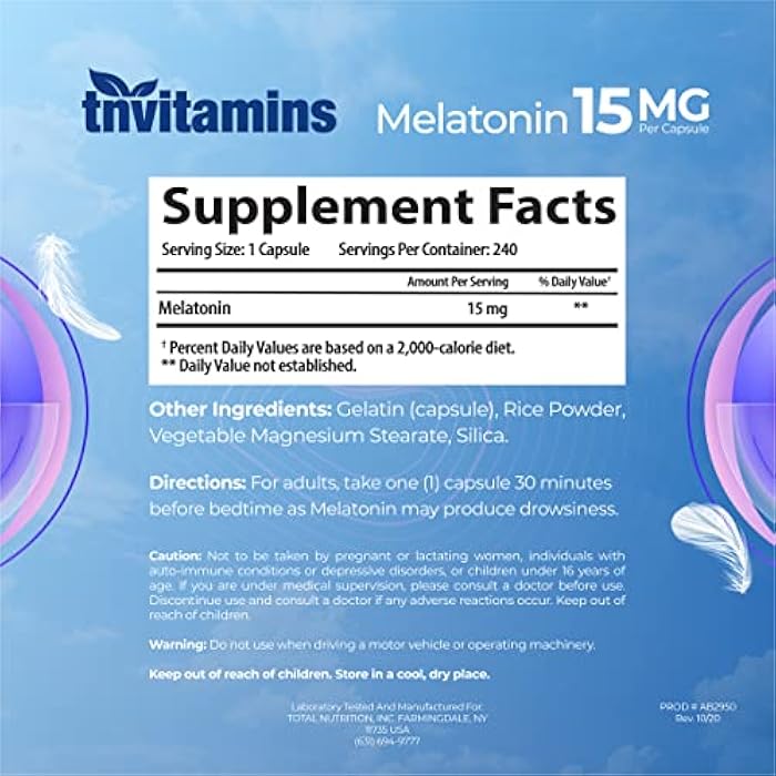 tnvitamins حبوب ميلاتونين من tnvitamins 15 ملغ لكل كبسولة (240 كبسولة) | حبوب نوم طبيعية بالكامل للبالغين | ميلاتونين بقوة إضافية | مساعد نوم ليلي | مكمل دعم النوم الطبيعي - Image 2