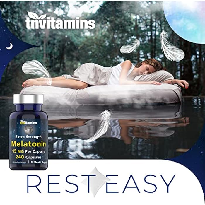 tnvitamins حبوب ميلاتونين من tnvitamins 15 ملغ لكل كبسولة (240 كبسولة) | حبوب نوم طبيعية بالكامل للبالغين | ميلاتونين بقوة إضافية | مساعد نوم ليلي | مكمل دعم النوم الطبيعي - Image 4