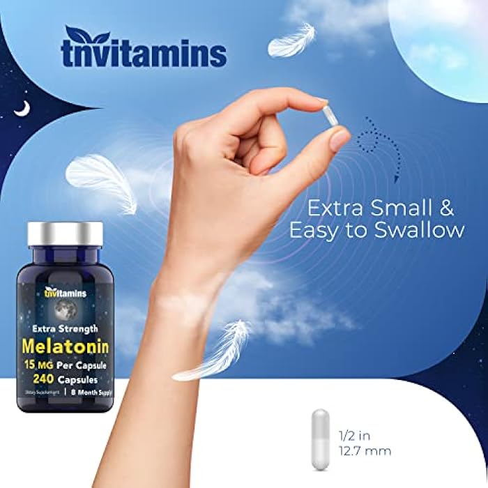 tnvitamins حبوب ميلاتونين من tnvitamins 15 ملغ لكل كبسولة (240 كبسولة) | حبوب نوم طبيعية بالكامل للبالغين | ميلاتونين بقوة إضافية | مساعد نوم ليلي | مكمل دعم النوم الطبيعي - Image 5