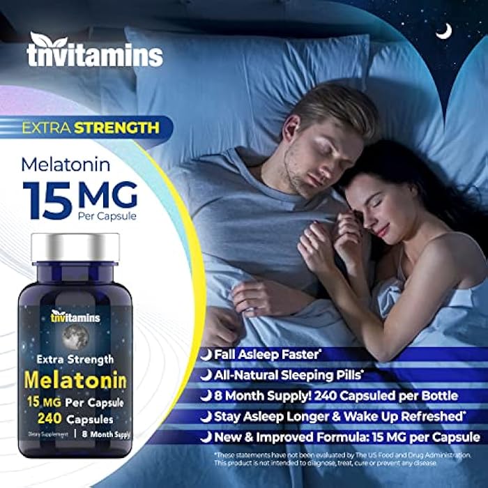 tnvitamins حبوب ميلاتونين من tnvitamins 15 ملغ لكل كبسولة (240 كبسولة) | حبوب نوم طبيعية بالكامل للبالغين | ميلاتونين بقوة إضافية | مساعد نوم ليلي | مكمل دعم النوم الطبيعي - Image 3