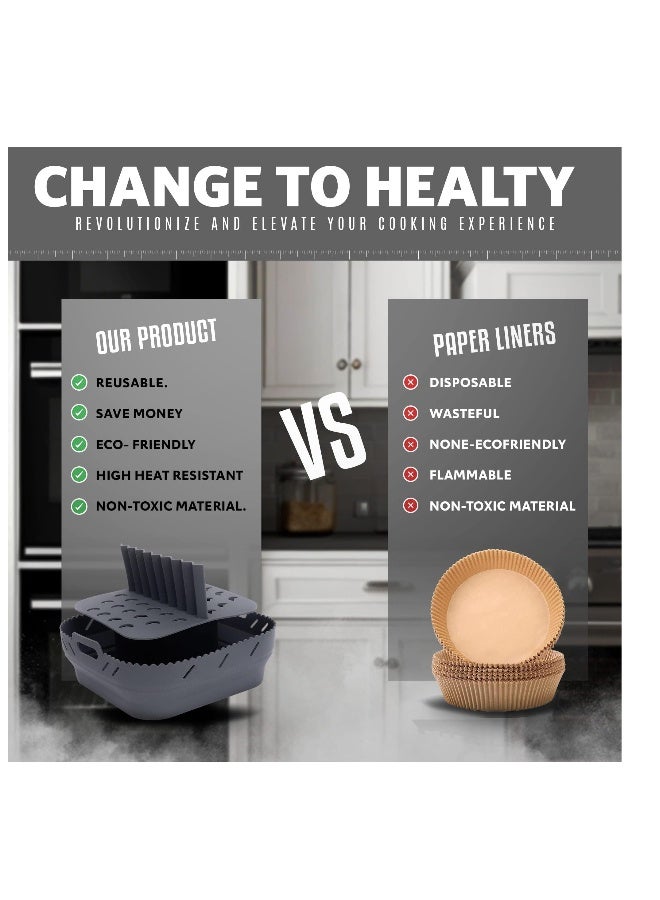 بطانات سيليكون لقلايات الهواء، سلة سيليكون مربعة 8.5 بوصة لقلايات الهواء، مواد مقاومة للحرارة وسهلة التنظيف، وعاء سيليكون لقلايات الهواء قابل لإعادة الاستخدام مع قسم، باللون الرمادي - Image 4