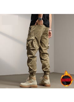 Autumn Winter Loose Cargo Pants with Multiple Pockets for Men K172 khaki fleece-lined