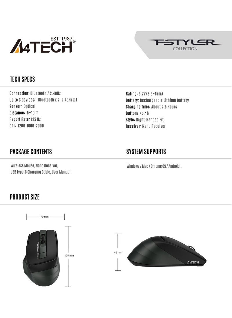 A4TECH - A4tech FSTYLER FB35CS Bluetooth / Wireless Rechargeable Silent Mouse - Image 1