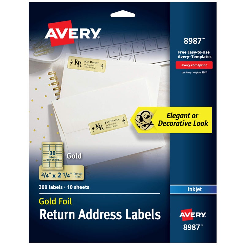 Avery Printable Return Address Labels, 0.75" x 2.25", Gold Foil, 300 Blank Mailing Labels (08987) - Image 1