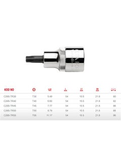 Ceta Form T55 Short Type 1/2” Torx Socket Bit with Hole C28S-TR55  - Image 2