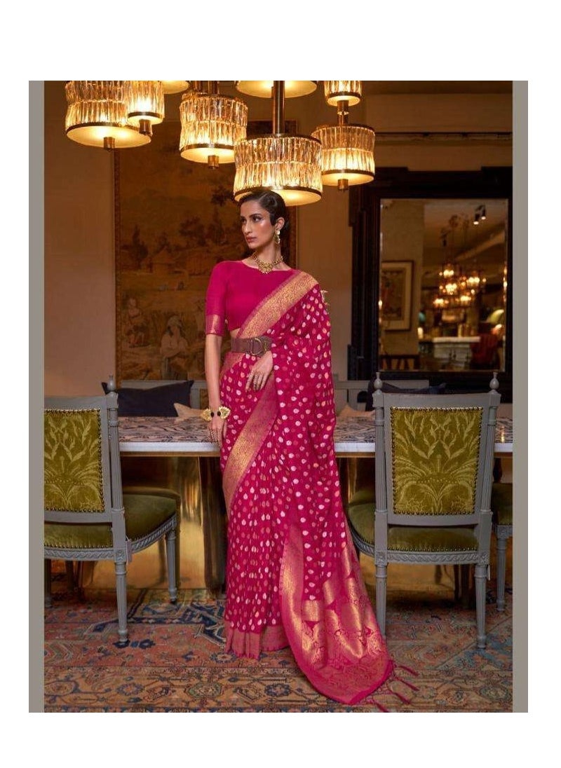 Grab Mantra - Silk Pink Saree With Golden weaving border and small design all over plus unstitched blouse - Image 1