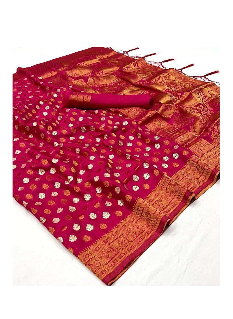 Grab Mantra - Silk Pink Saree With Golden weaving border and small design all over plus unstitched blouse - Image 1
