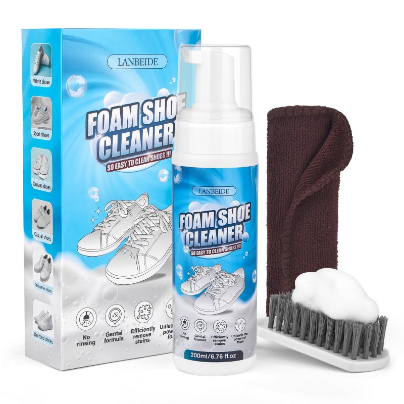 LANBEIDE Shoe Cleaner, Shoe Cleaning Kit-6.76 Oz Sneaker Cleaner with Brush and Towel, White Shoe Cleaner Works on Leather, Knit, Canvas, Suede, PU, Fabric, Boots - Image 1