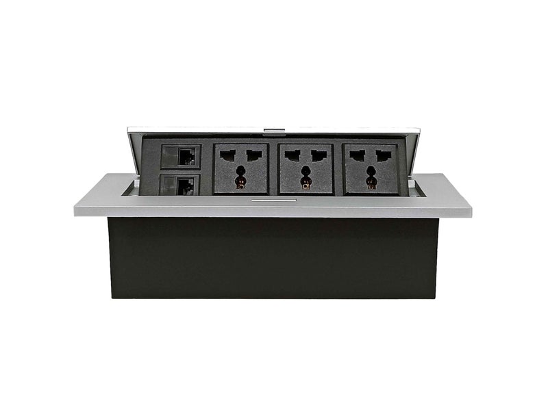 BOXNUBE Hydraulic Pop UP Box Cable Cubby Extension Board with 3 x Universal Power Sockets & 2 x CAT6 LAN Ports (Silver) - Image 5