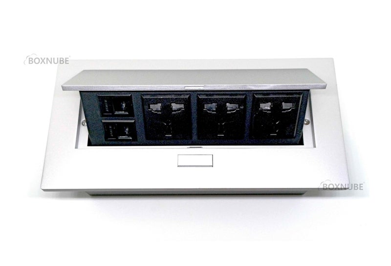 BOXNUBE Hydraulic Pop UP Box Cable Cubby Extension Board with 3 x Universal Power Sockets & 2 x CAT6 LAN Ports (Silver) - Image 3