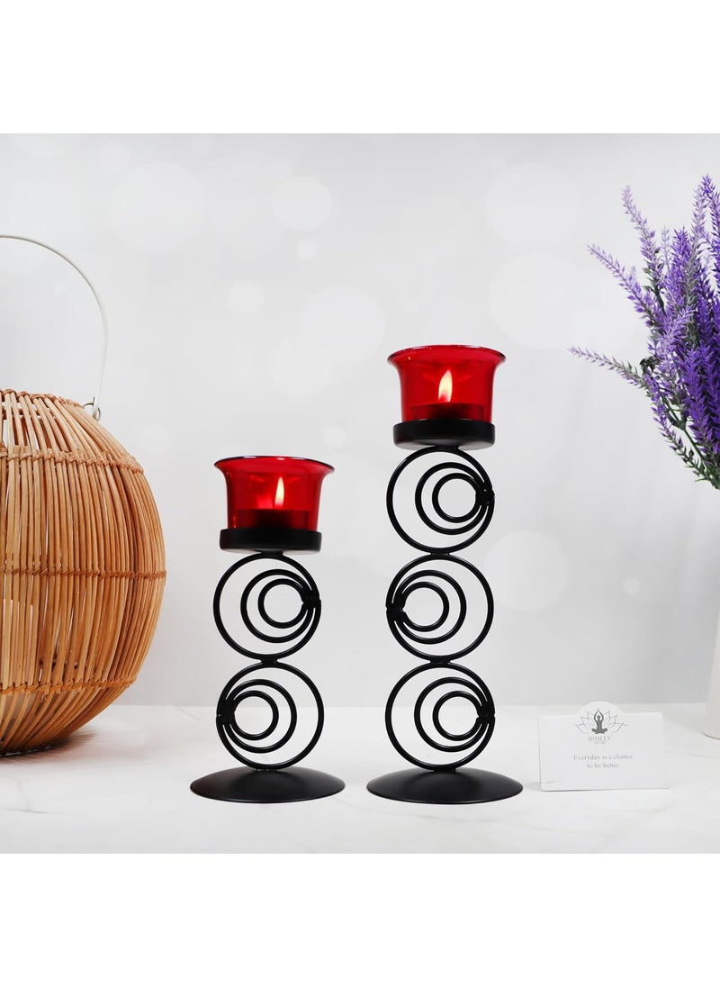 Hosley - HOSLEY Metallic Red Glass Tealight Candle Holder| Tealight Candle Holder with Glass Holder Perfect for Home Decor Tabletop Centerpiece| Pack of 2 with Pack of 2 Tealights(Black) - Image 1