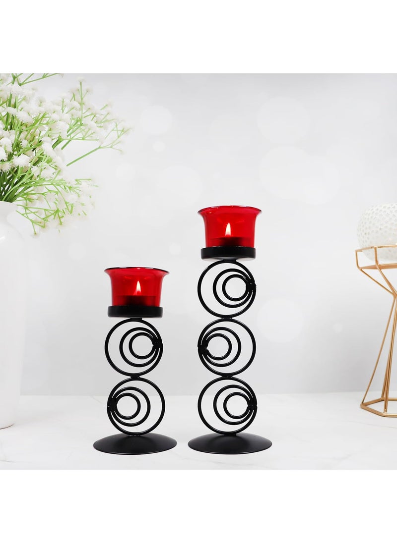 Hosley - HOSLEY Metallic Red Glass Tealight Candle Holder| Tealight Candle Holder with Glass Holder Perfect for Home Decor Tabletop Centerpiece| Pack of 2 with Pack of 2 Tealights(Black) - Image 1