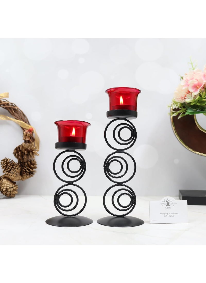 Hosley - HOSLEY Metallic Red Glass Tealight Candle Holder| Tealight Candle Holder with Glass Holder Perfect for Home Decor Tabletop Centerpiece| Pack of 2 with Pack of 2 Tealights(Black) - Image 1