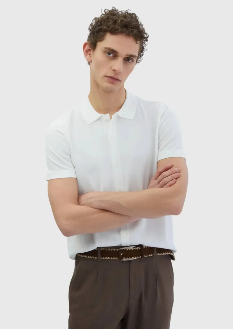 RAMSEY Ecru Polo Neck Plain Knitting Cardigan