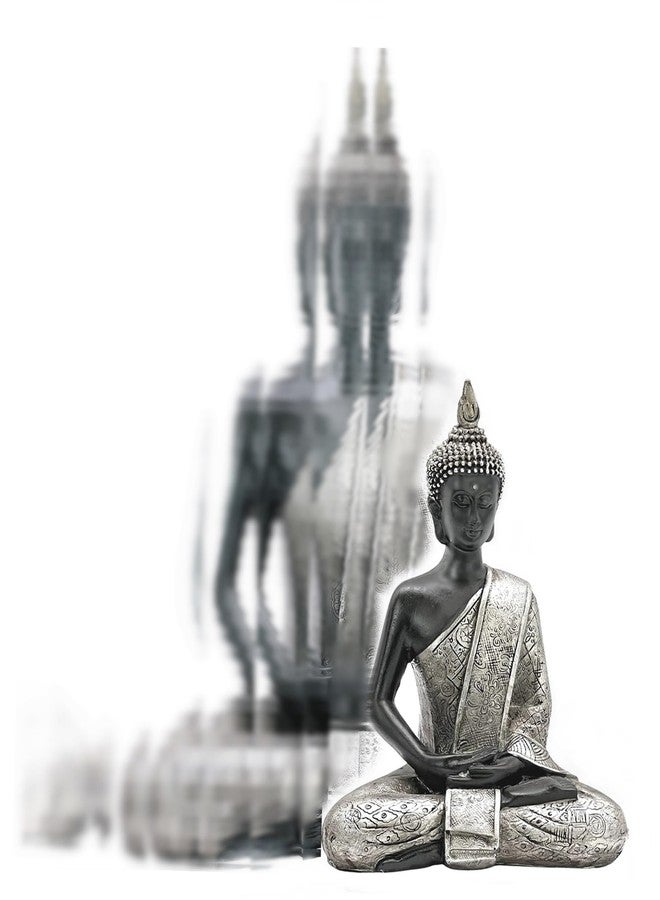 Bellaa Buddha Statue Zen Home Decor 8 inch Mindfulness Meditation Sculpture Peace Harmony Dhyana Mudra Sitting Blessing Black and Silver Altar Figurine - Image 1