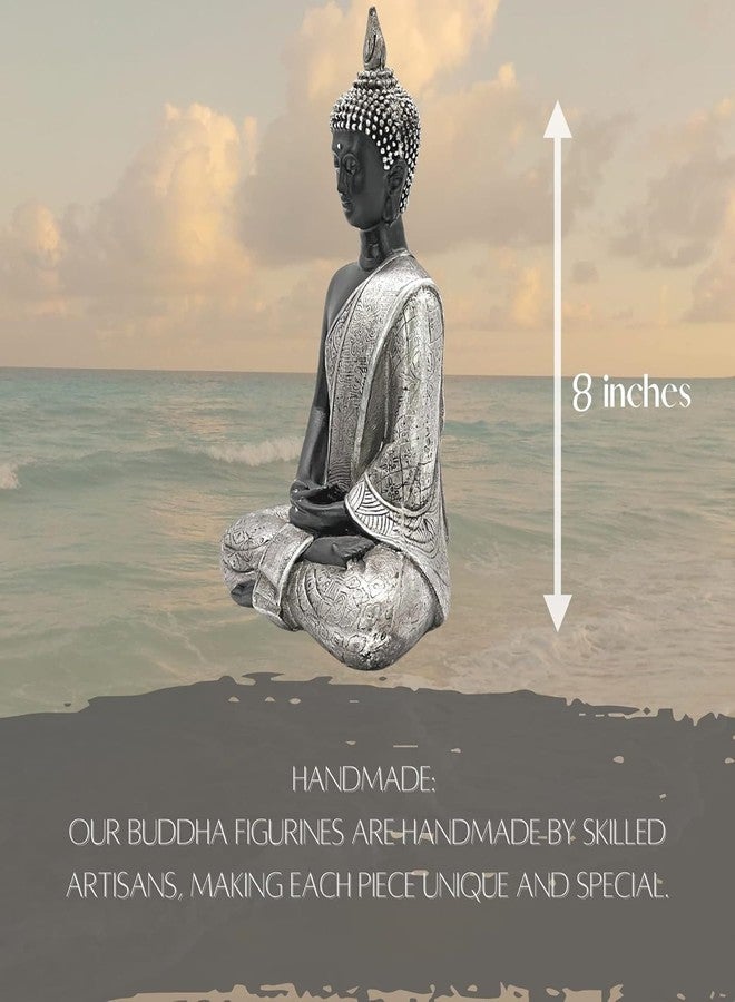 Bellaa Buddha Statue Zen Home Decor 8 inch Mindfulness Meditation Sculpture Peace Harmony Dhyana Mudra Sitting Blessing Black and Silver Altar Figurine - Image 3