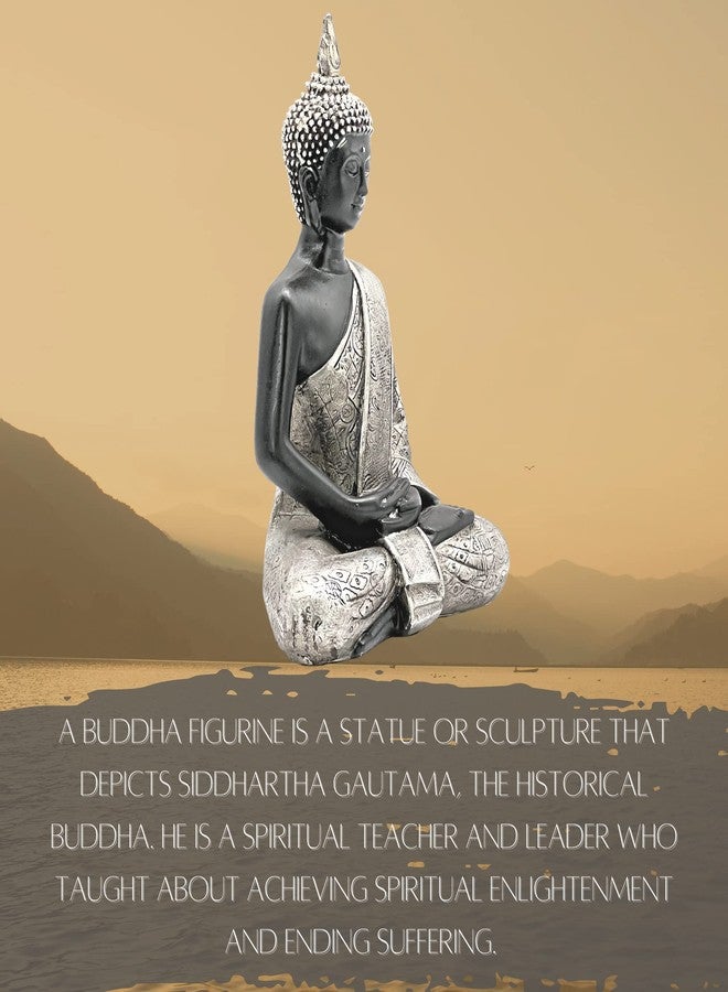 Bellaa Buddha Statue Zen Home Decor 8 inch Mindfulness Meditation Sculpture Peace Harmony Dhyana Mudra Sitting Blessing Black and Silver Altar Figurine - Image 4