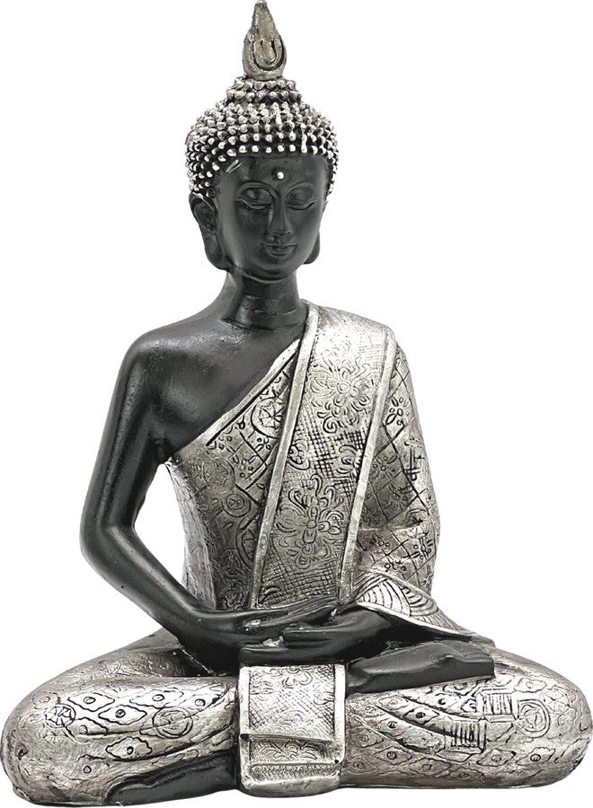 Bellaa Buddha Statue Zen Home Decor 8 inch Mindfulness Meditation Sculpture Peace Harmony Dhyana Mudra Sitting Blessing Black and Silver Altar Figurine - Image 2
