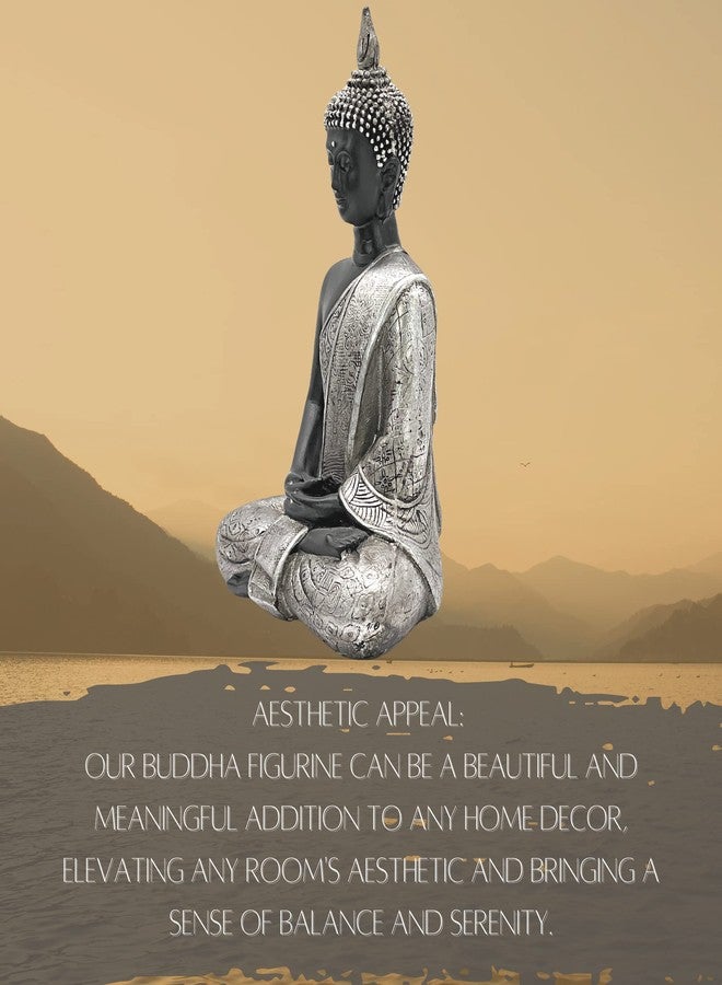 Bellaa Buddha Statue Zen Home Decor 8 inch Mindfulness Meditation Sculpture Peace Harmony Dhyana Mudra Sitting Blessing Black and Silver Altar Figurine - Image 5