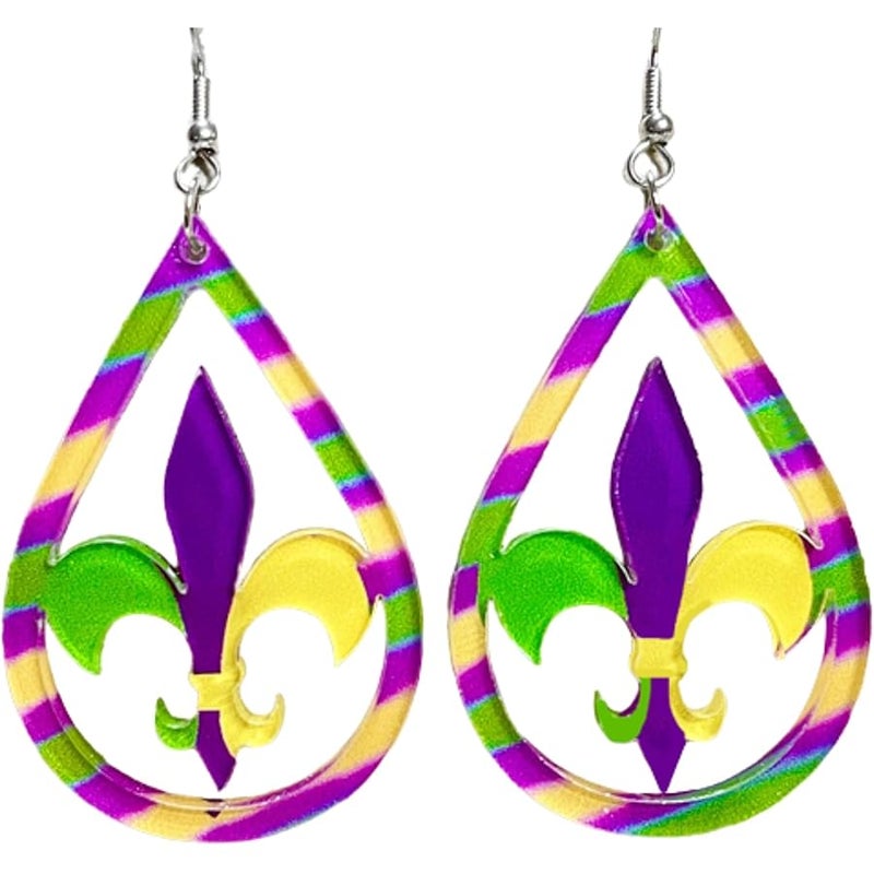 Mardi Gras Dangle Earrings Colorful Layered Leather Leaf Shape Earrings Carnival Theme Mask Tassel Grid Drop Earrings for Women Girl Holiday Mardi Gras Gifts