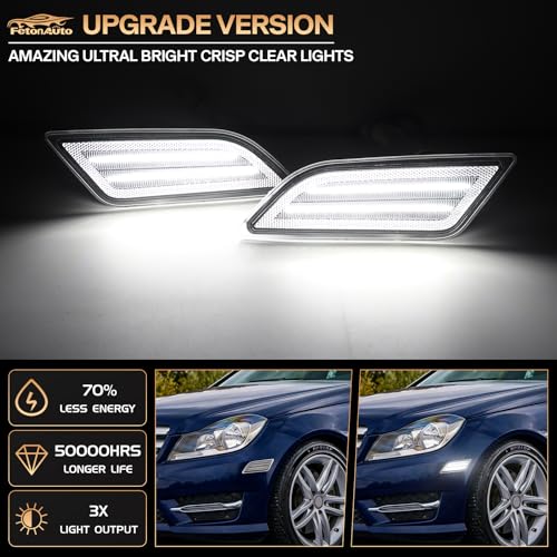 FetonAuto Clear Lens White LED Side Marker Lights For 2012-2014 Mercedes Benz W204 LCI C250 C300 C350 C-Class Sedan Coupe, 2PCS Front Fender Indicator - Image 2