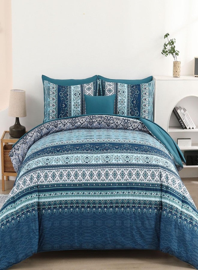 Cottolester Boho Comforter Set California King Size 8 Pieces, Teal Blue Comforter Bohemian Striped Bed in A Bag, Soft Microfiber Bedding Set for All Seasons - Image 1